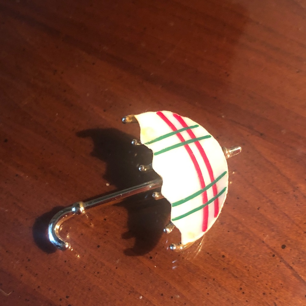 vintage umbrella- brooch featuring a cream canopy with a red and green plaid